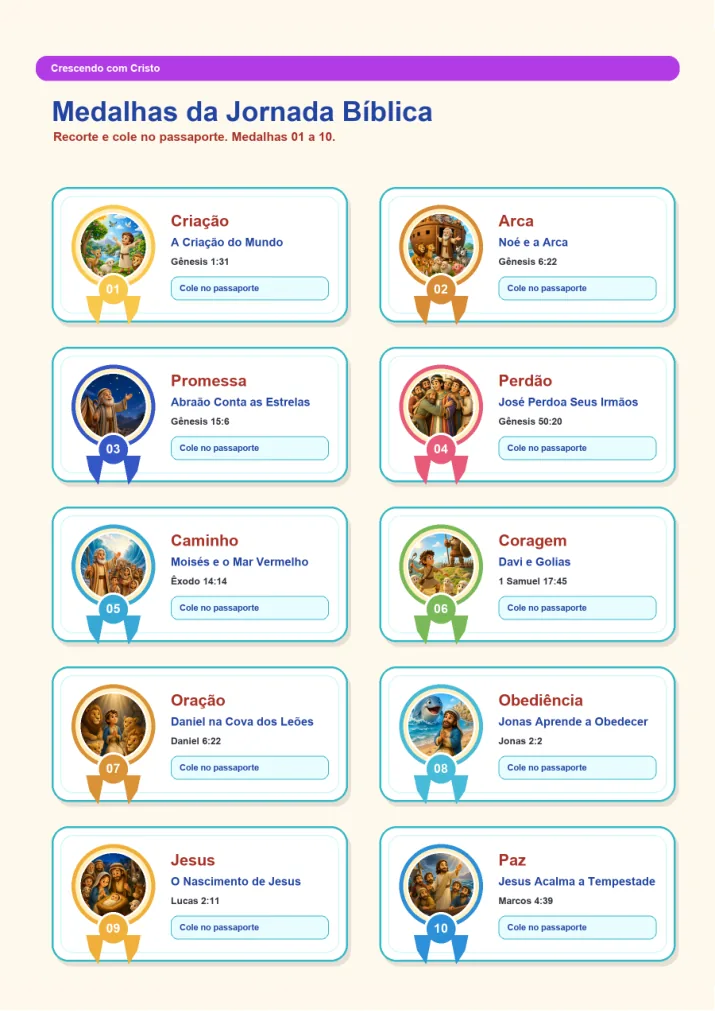 Medalhas ilustradas da jornada bíblica